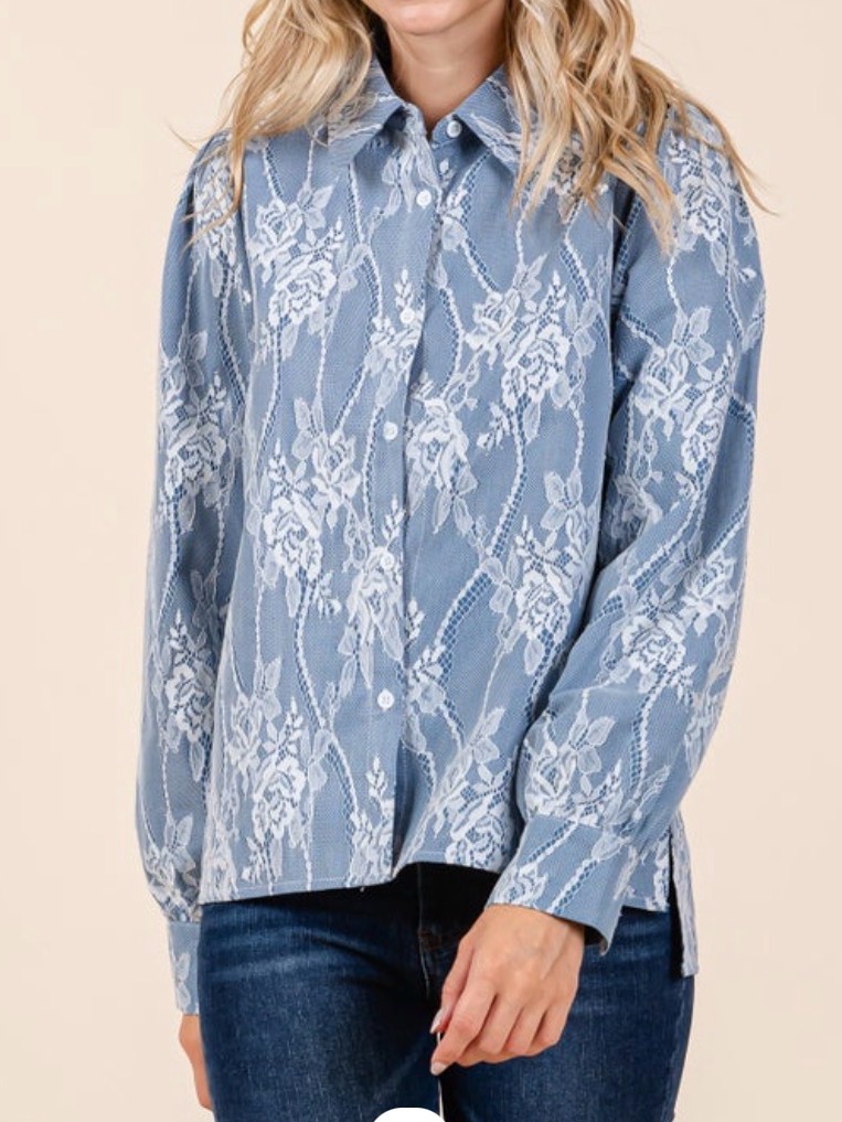 Mesh Floral Embroidered Button-Up Blouse. Medium